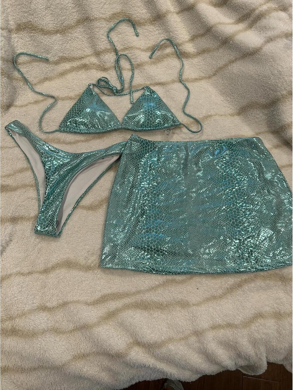 Shiny Aqua Blue Snake Print Bikini and Skirt Set [COPY]